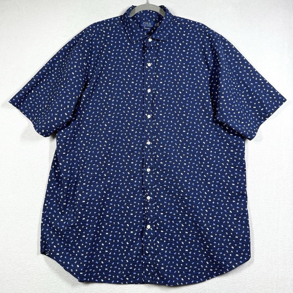 Polo Ralph Lauren Shirt Mens XLT Navy Nautical Flag Seersucker Button Up RL Logo